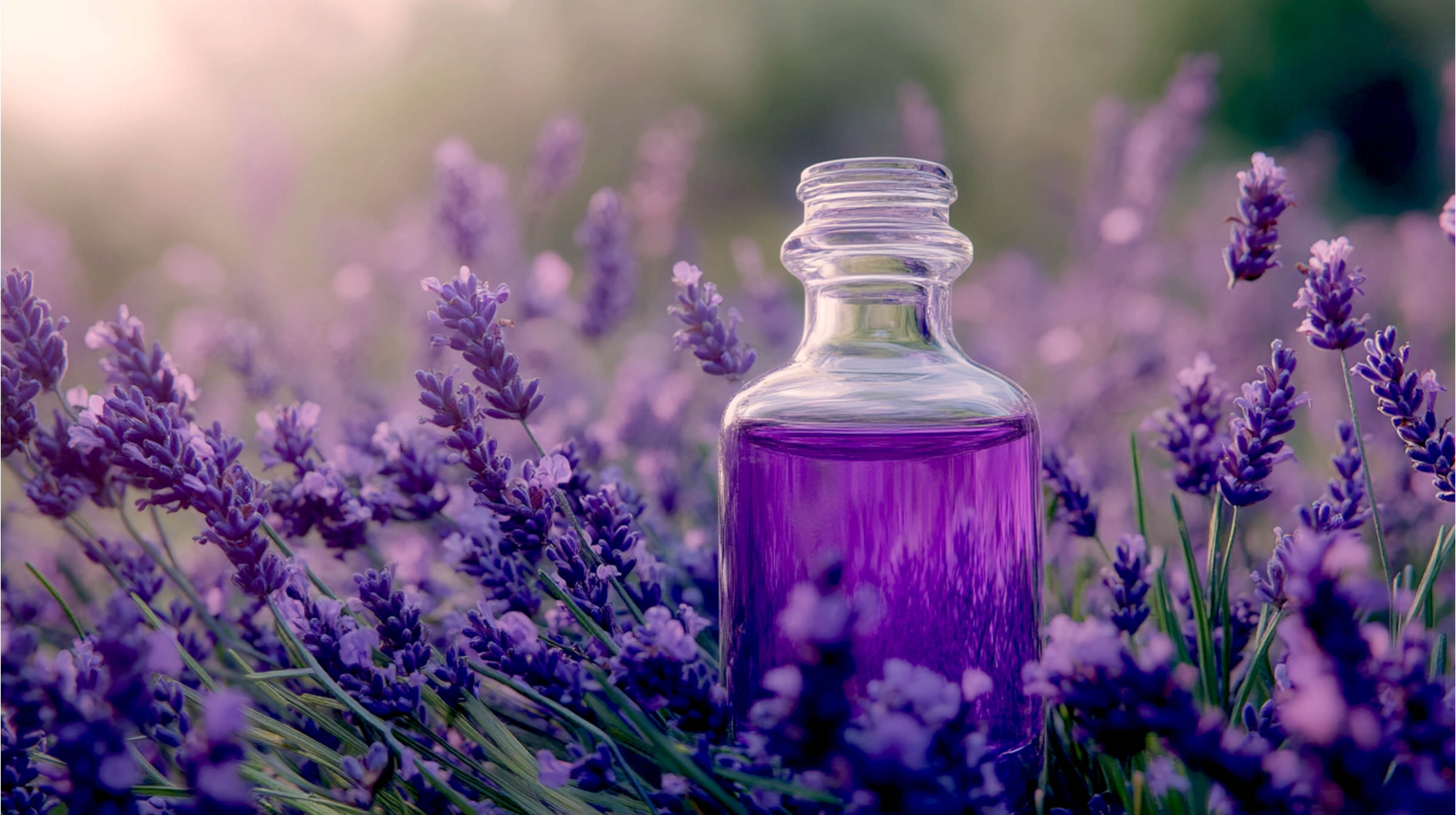 Lavender field with a bottle of lavender oil in the middle